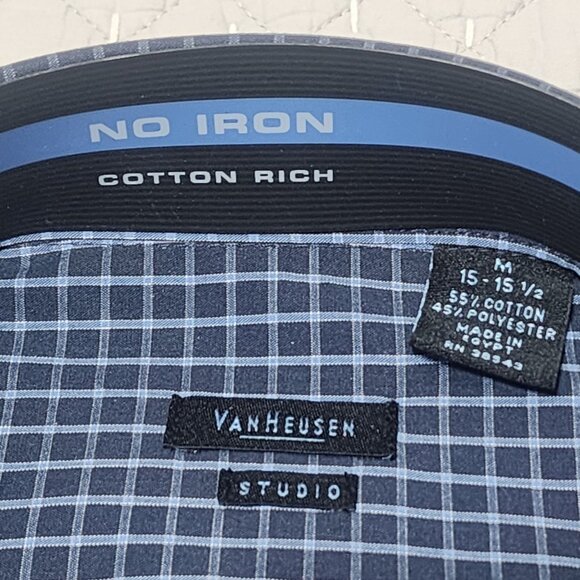 NWT Van Heusen Studio Men's M Medium Blue Plaid No Iron Cotton Rich Long Sleeve - Picture 4 of 5
